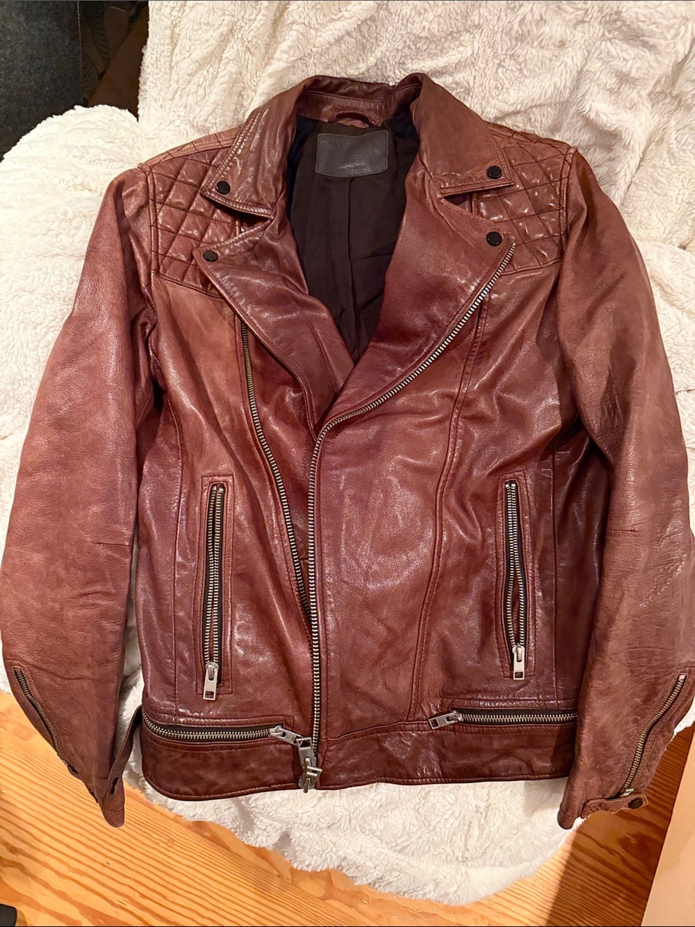AllSaints Men's Burgundy Leather Biker Jacket oxblood Small